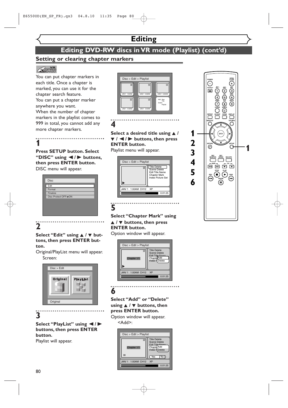 Editing, Setting or clearing chapter markers | FUNAI FDR-90E User Manual | Page 80 / 108