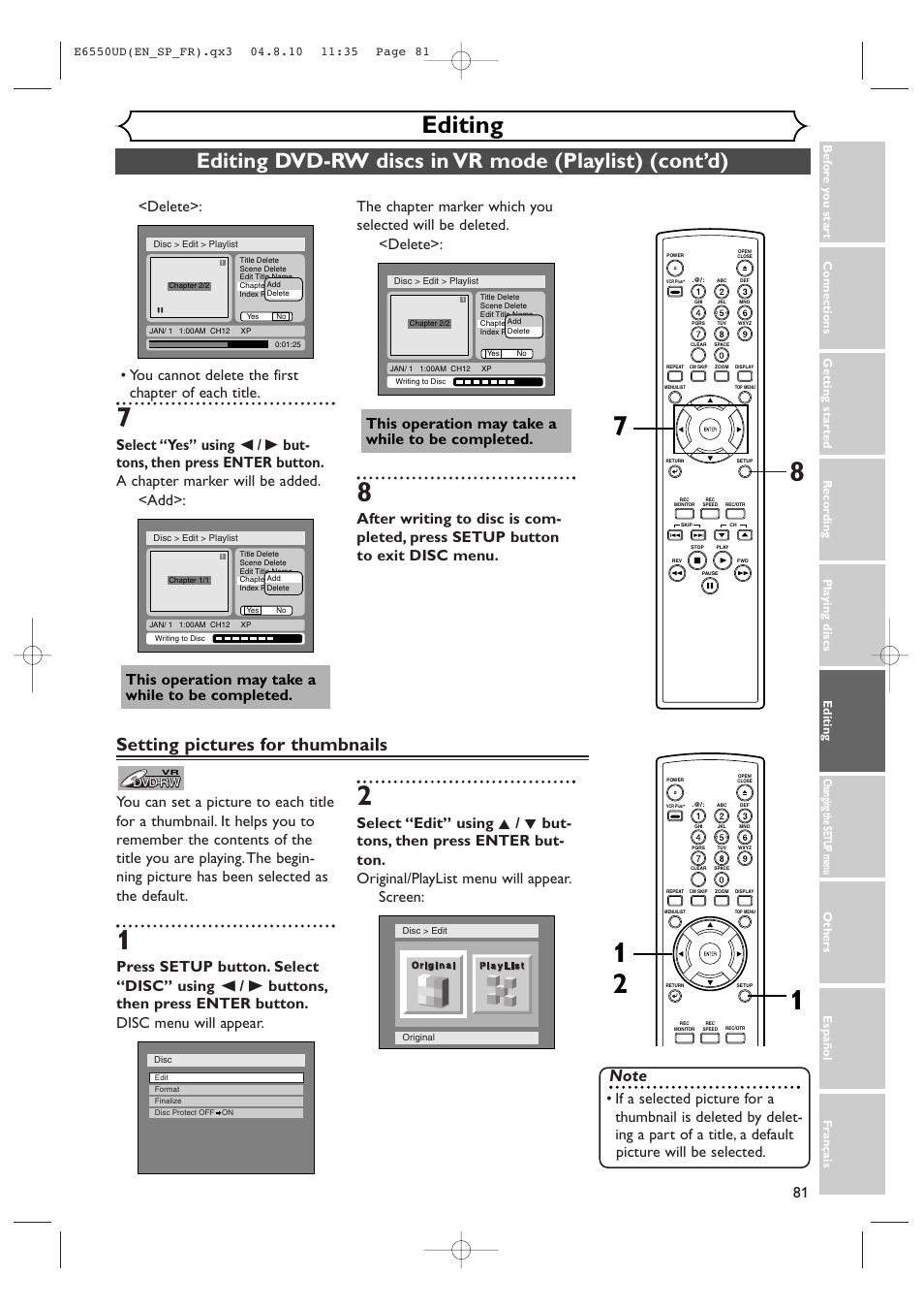 Editing, Setting pictures for thumbnails, This operation may take a while to be completed | FUNAI FDR-90E User Manual | Page 81 / 108