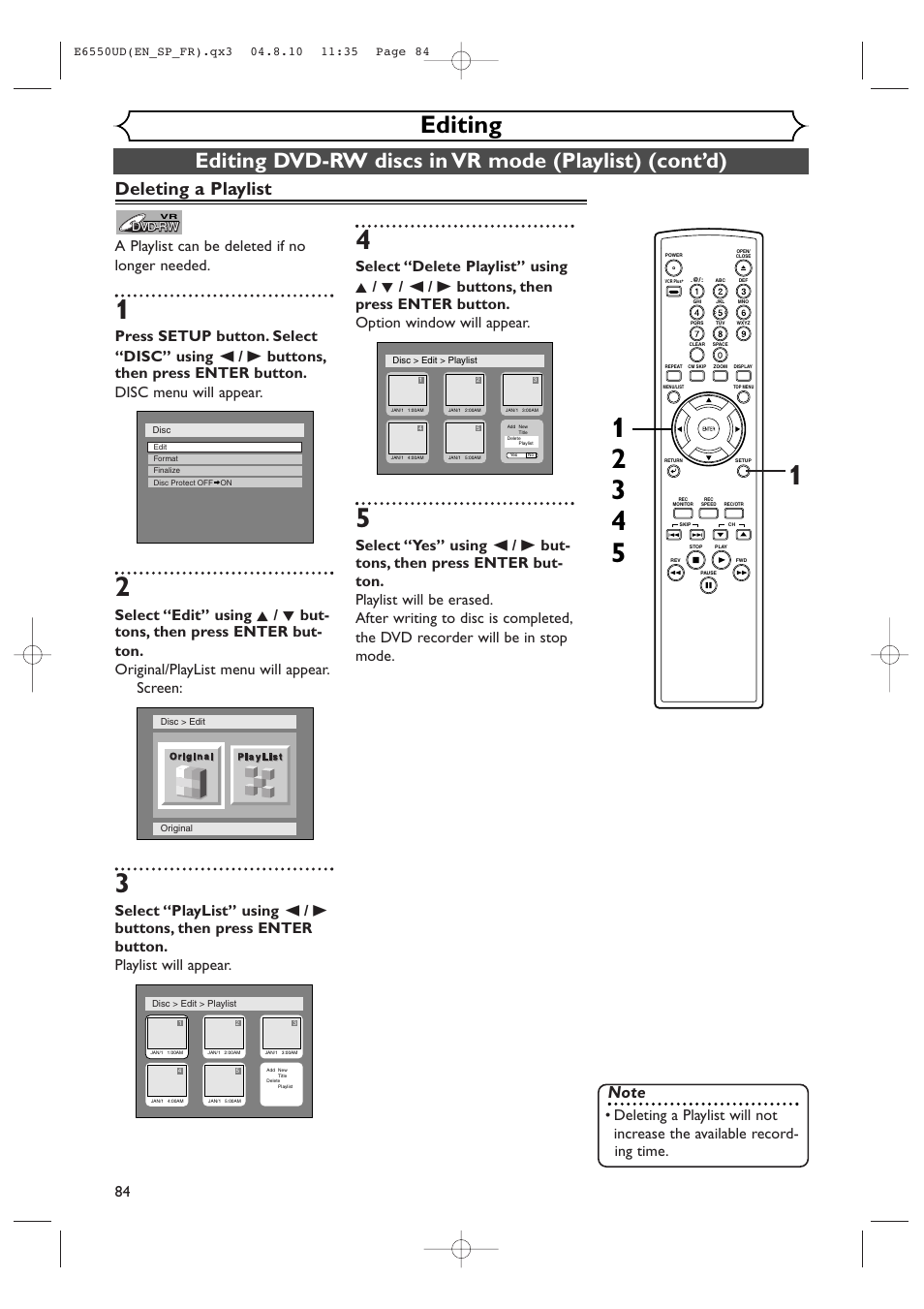 Editing, Deleting a playlist | FUNAI FDR-90E User Manual | Page 84 / 108