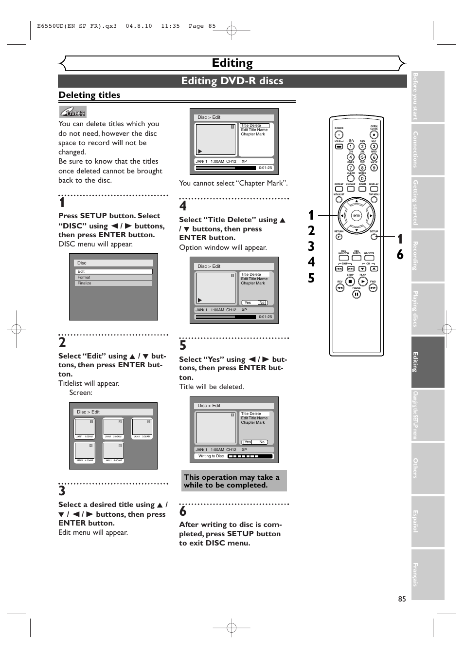 Editing, Editing dvd-r discs, Deleting titles | FUNAI FDR-90E User Manual | Page 85 / 108