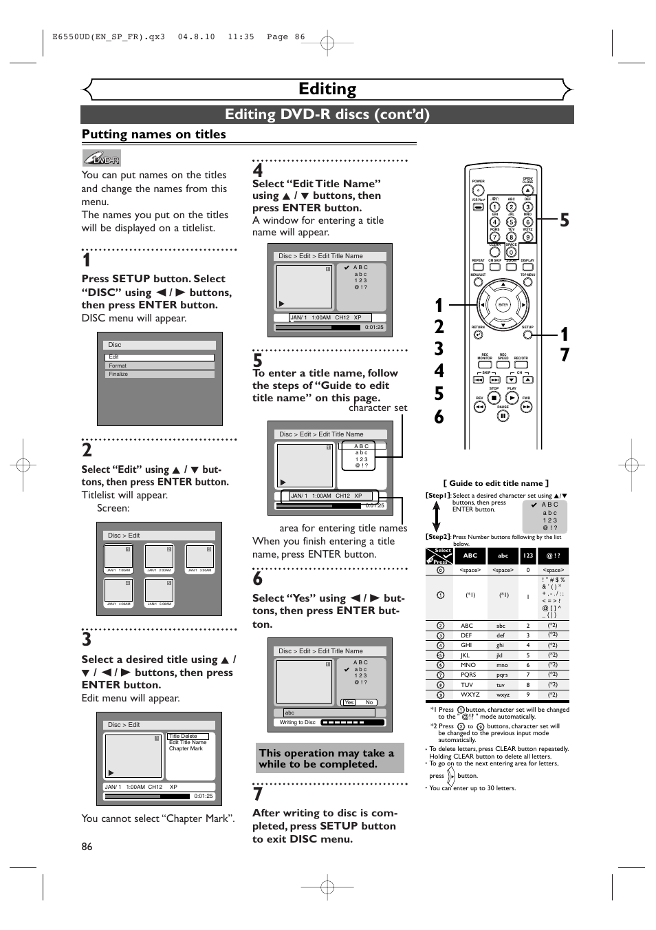 Editing, Editing dvd-r discs (cont’d), Putting names on titles | FUNAI FDR-90E User Manual | Page 86 / 108