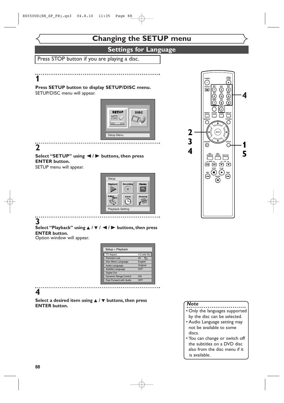 Changing the setup menu, Settings for language, Press stop button if you are playing a disc | FUNAI FDR-90E User Manual | Page 88 / 108