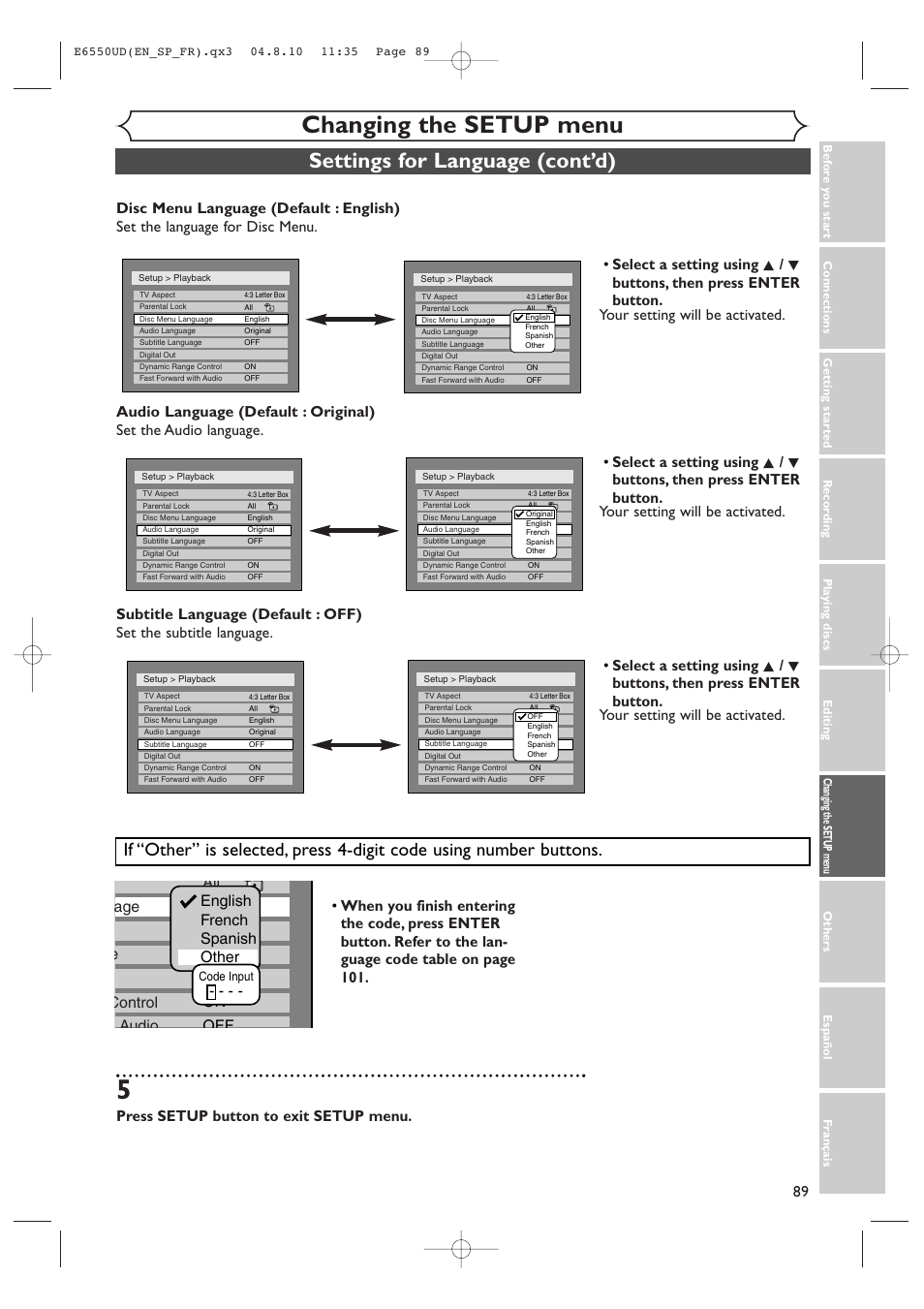 Changing the setup menu, Settings for language (cont’d), Press setup button to exit setup menu | FUNAI FDR-90E User Manual | Page 89 / 108