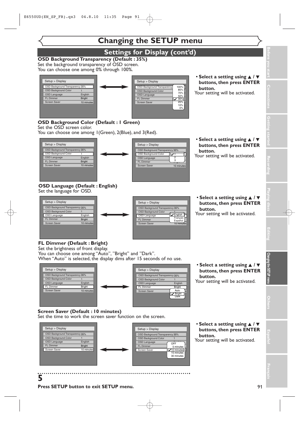 Changing the setup menu, Settings for display (cont’d), Press setup button to exit setup menu | FUNAI FDR-90E User Manual | Page 91 / 108