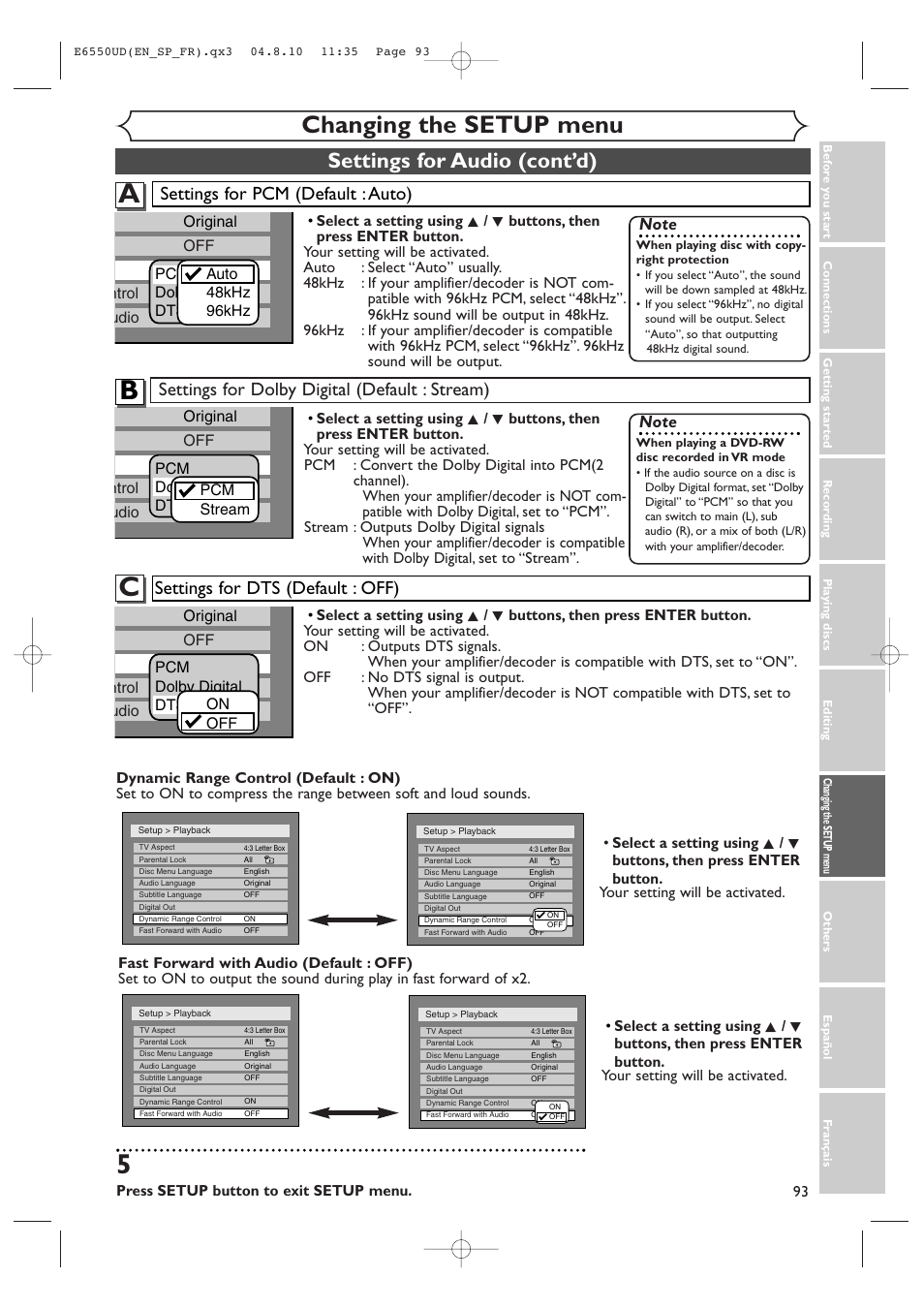 Changing the setup menu, Settings for audio (cont’d), Settings for dolby digital (default : stream) | Settings for pcm (default : auto), Settings for dts (default : off) | FUNAI FDR-90E User Manual | Page 93 / 108