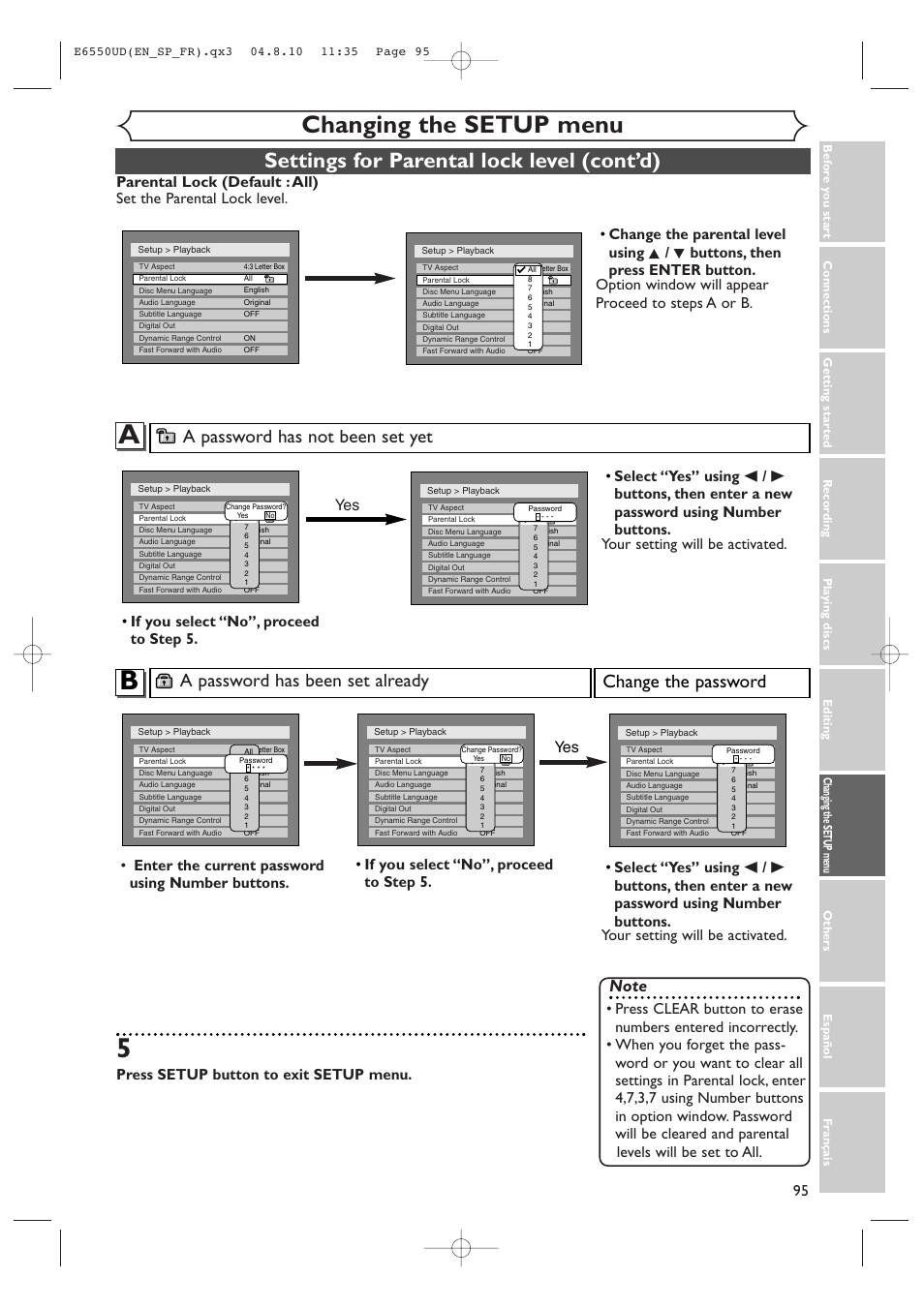 Changing the setup menu, Settings for parental lock level (cont’d), A password has been set already | Change the password, A password has not been set yet, Press setup button to exit setup menu, If you select “no”, proceed to step 5. yes yes | FUNAI FDR-90E User Manual | Page 95 / 108