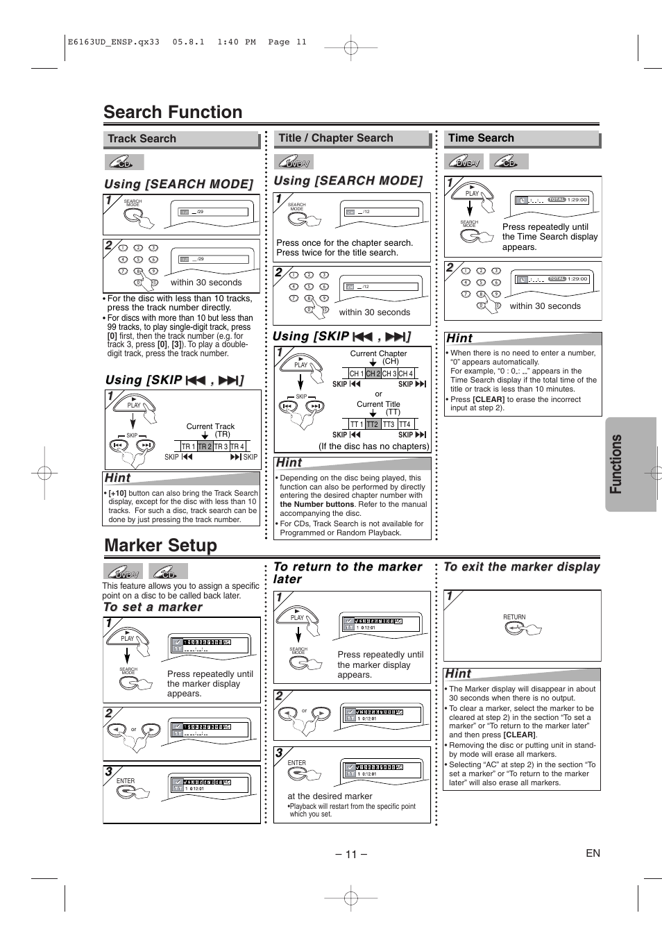 Marker setup, Search function, Functions | Hint, Using [search, Using [search mode] mode, Using [skip | FUNAI WV205F User Manual | Page 11 / 20