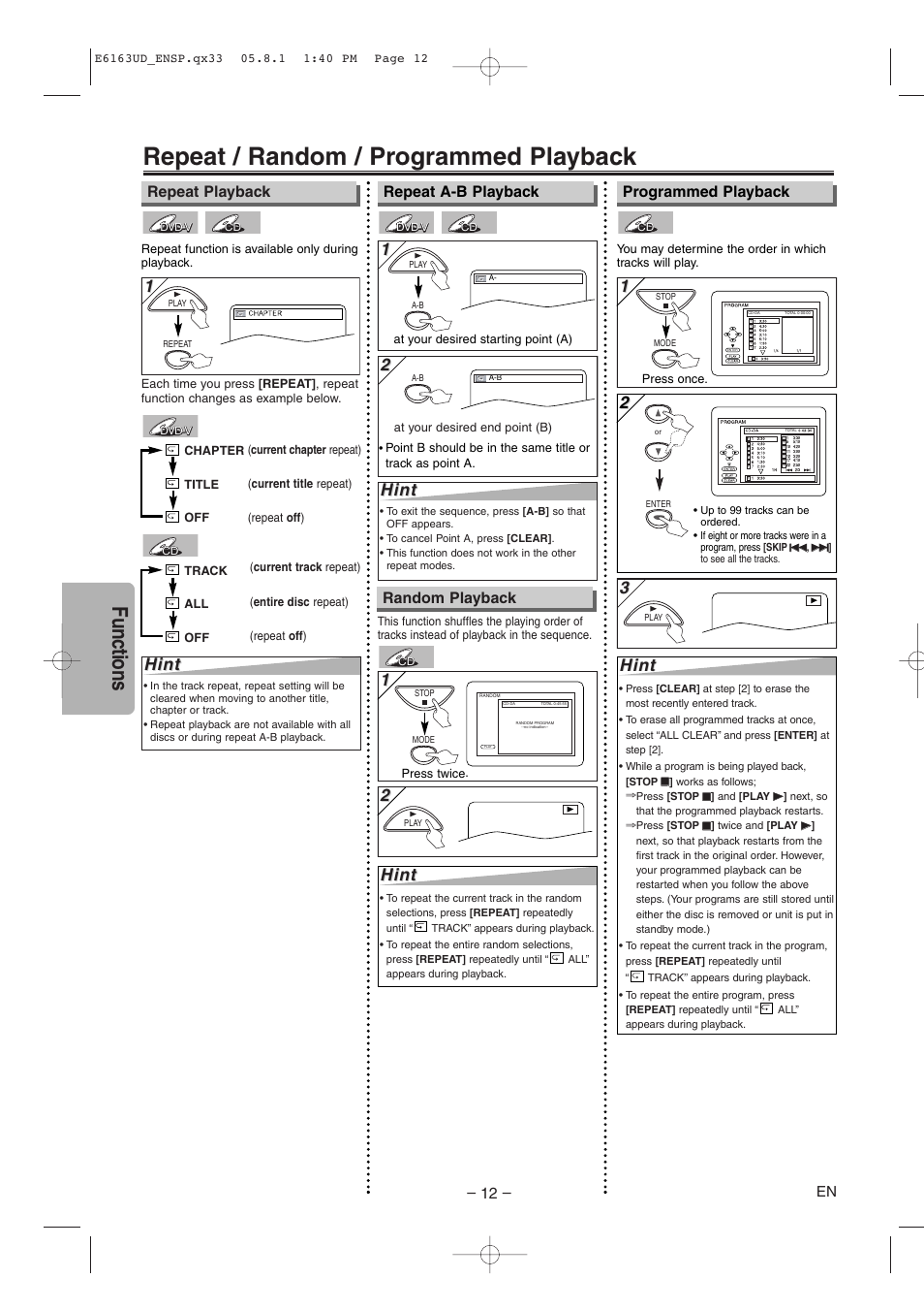 Repeat / random / programmed playback, Functions, Hint | Random playback | FUNAI WV205F User Manual | Page 12 / 20