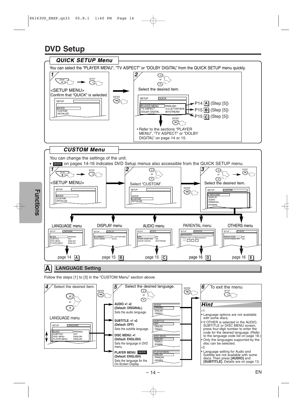 Dvd setup, Functions, Cust | Cust om men om men u u, Hint, Quick setup men uick setup men u u, Language setting | FUNAI WV205F User Manual | Page 14 / 20