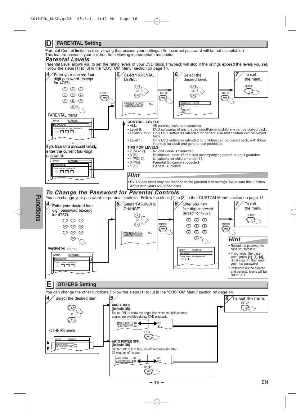 Functions, Hint, Parental arental le le vels vels | Parental setting, Others setting | FUNAI WV205F User Manual | Page 16 / 20