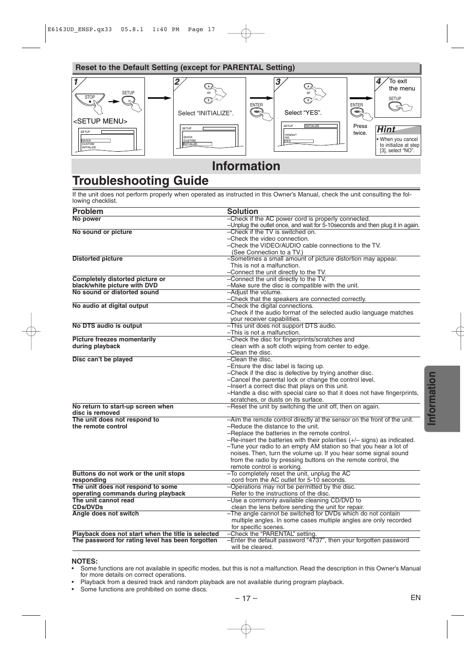 Troubleshooting, Troubleshooting guide, Information | Inf ormation, Hint, Problem solution | FUNAI WV205F User Manual | Page 17 / 20