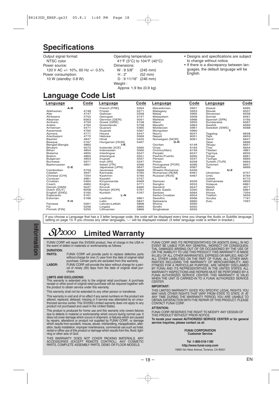 Language code list, Specifications, Limited warranty | Inf ormation | FUNAI WV205F User Manual | Page 18 / 20