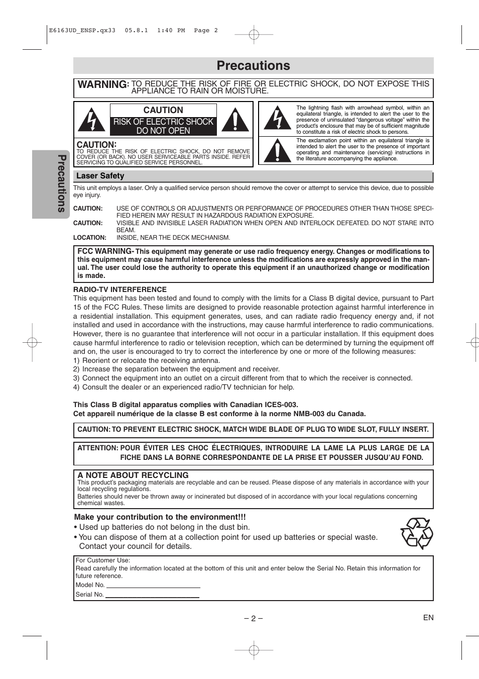 Precautions, Warning | FUNAI WV205F User Manual | Page 2 / 20