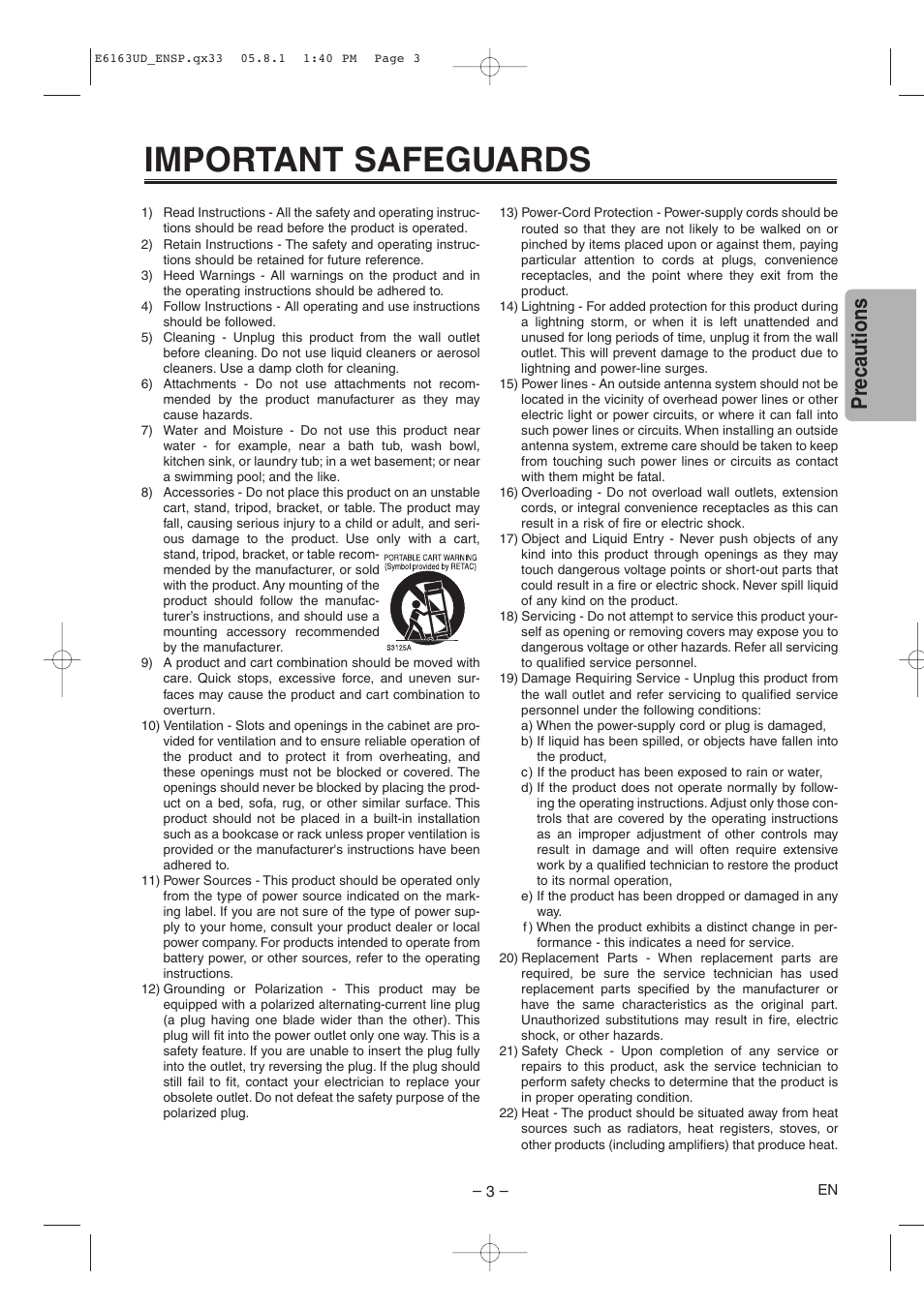 Important safeguards, Precautions | FUNAI WV205F User Manual | Page 3 / 20