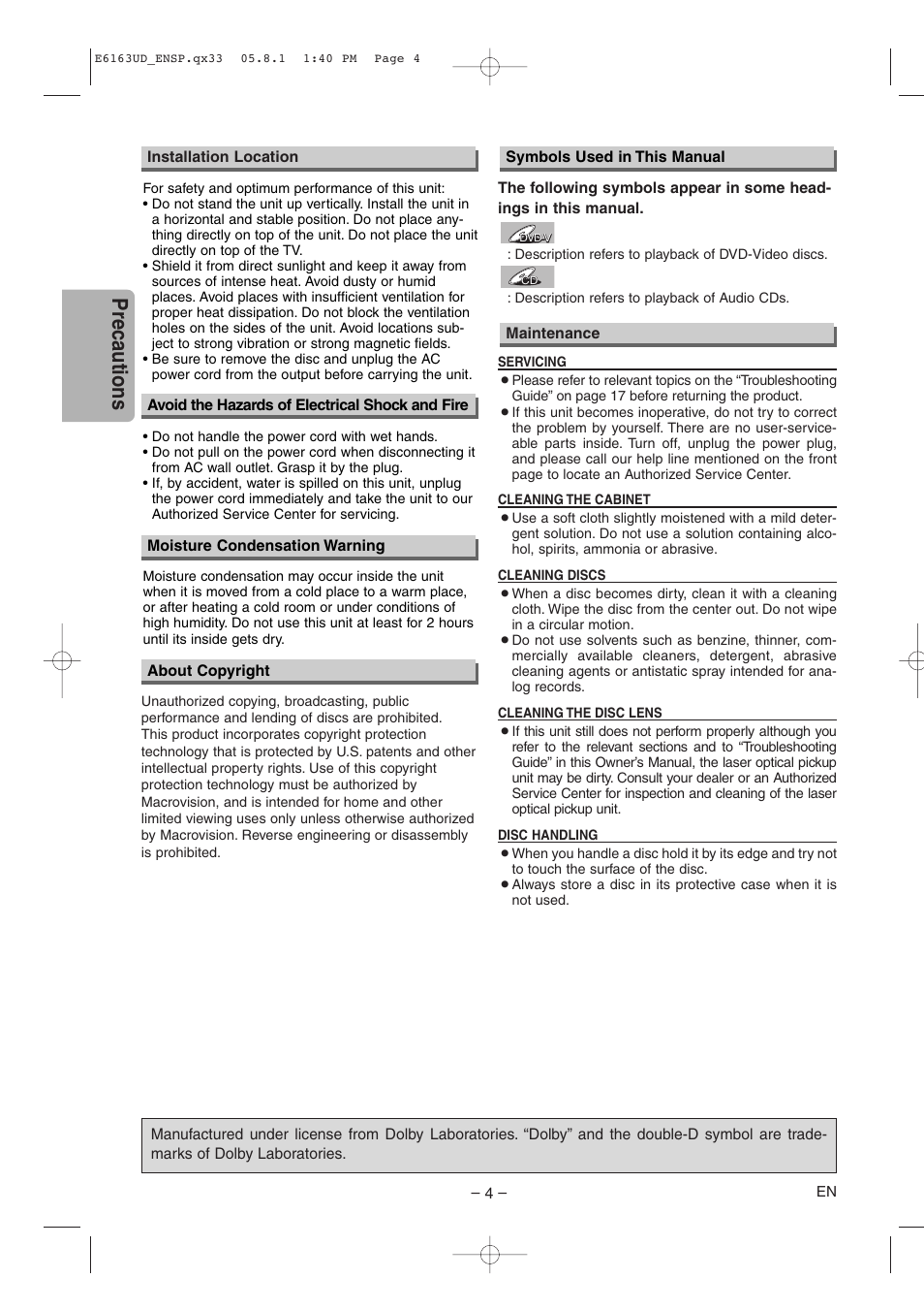 Precautions | FUNAI WV205F User Manual | Page 4 / 20