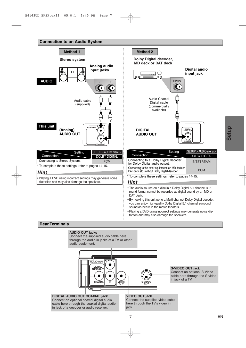 Connection to an audio system, Setup, Hint | Rear terminals connection to an audio system | FUNAI WV205F User Manual | Page 7 / 20