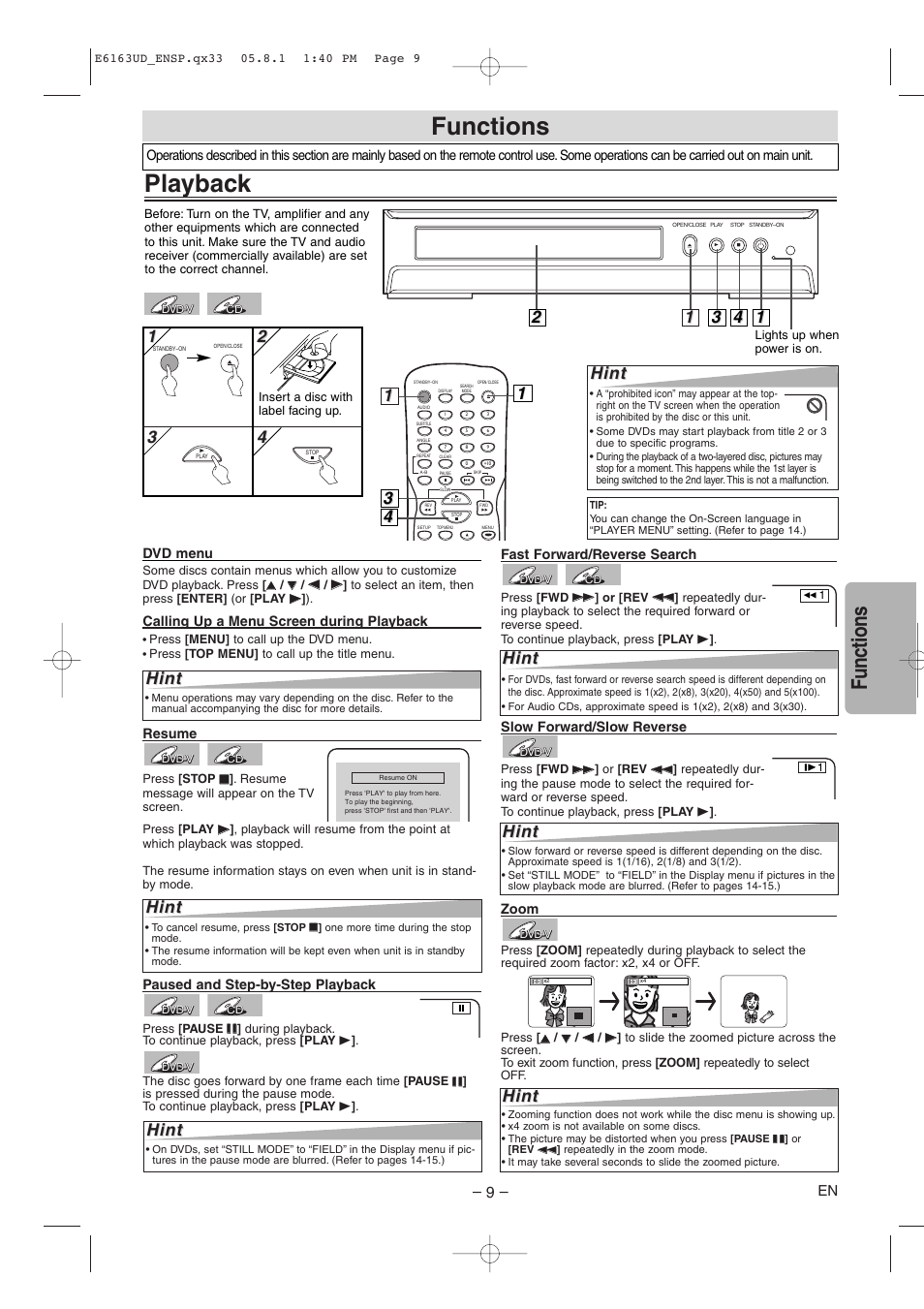 Functions, Playback, Hint | FUNAI WV205F User Manual | Page 9 / 20