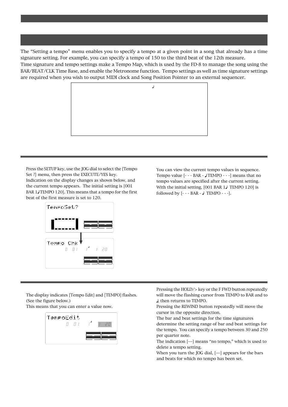 Setting a tempo (“tempo set ?” menu), Checking the stored tempo setting, Storing a tempo value | Changing the initial setting (setup mode), Select a program to check the tempo setting for, Rotate the jog dial clockwise, Press the execute/yes key | Fostex FD-8 User Manual | Page 100 / 121