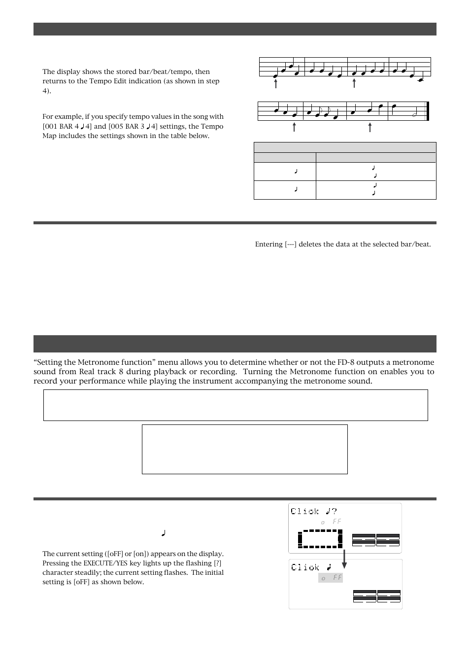 Modifying (or deleting) stored tempo settings, Setting the metronome function (“click ?” menu), Setting the metronome function | Changing the initial setting (setup mode), Press the execute/yes key, Repeat steps 3-5 to store necessary tempo data, Flashes.), then press the execute/yes key | Fostex FD-8 User Manual | Page 101 / 121