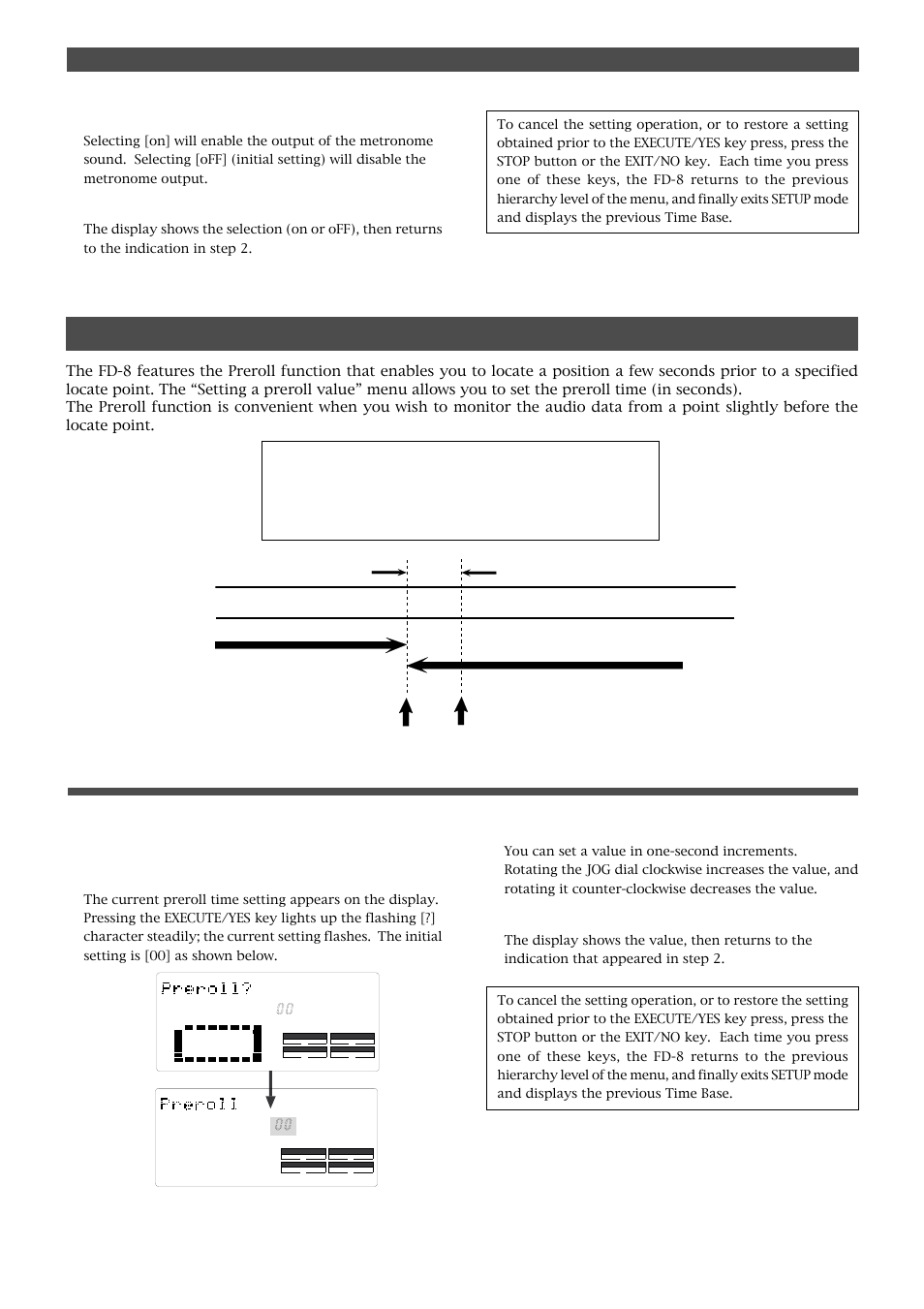 Setting a preroll value (“preroll ?” menu), Setting a preroll time, Changing the initial setting (setup mode) | Turn the jog dial to select [on] or [off, Press the execute/yes key | Fostex FD-8 User Manual | Page 102 / 121