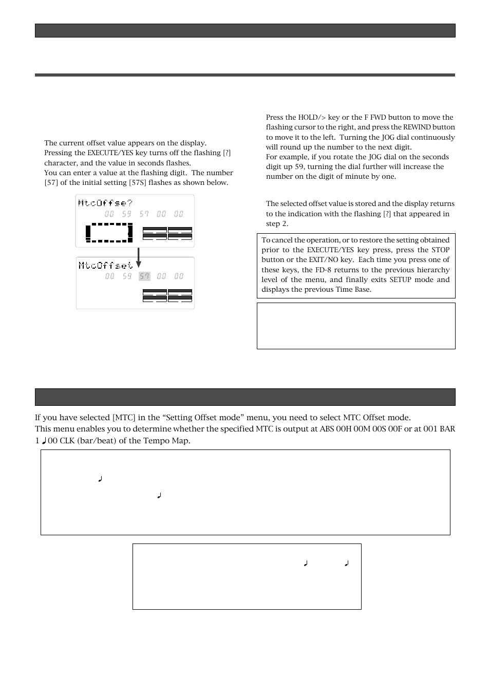 Setting offset mode (“ofset mode ?” menu), Setting an mtc offset, Changing the initial setting (setup mode) | Press the execute/yes key | Fostex FD-8 User Manual | Page 105 / 121