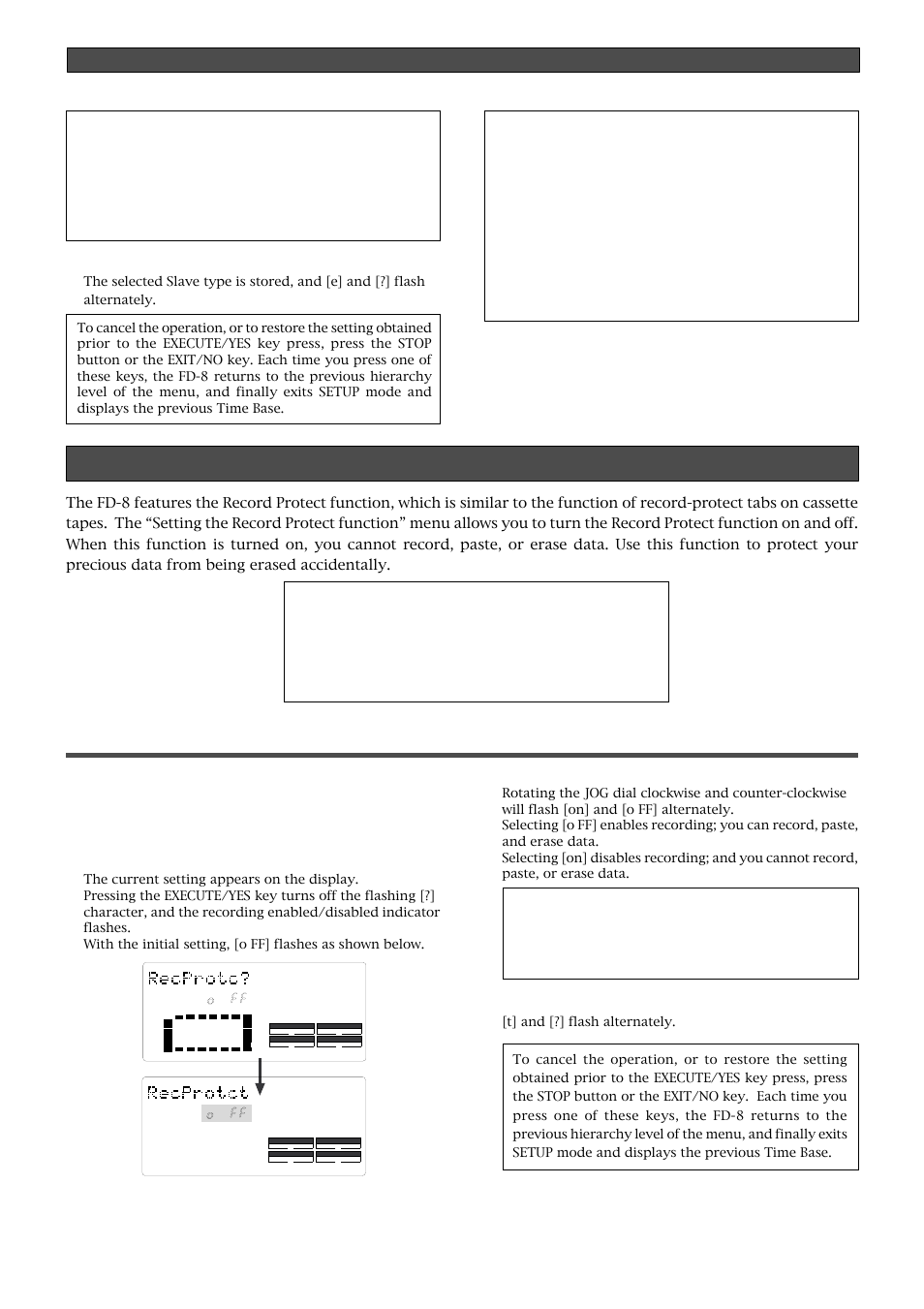 Recording enabled/disabled, Changing the initial setting (setup mode), Press the execute/yes key | Use the jog dial to enable or disable recording | Fostex FD-8 User Manual | Page 108 / 121