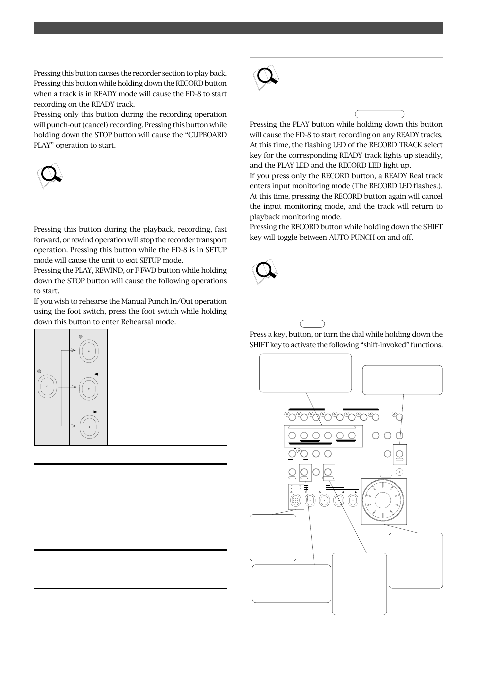 Names and functions, Play button [play, Stop button [stop | Shift key, Record button [record, Shift, Auto punch, Clipboard play operation, Abs 0 locate operation, Rec end locate operation | Fostex FD-8 User Manual | Page 11 / 121