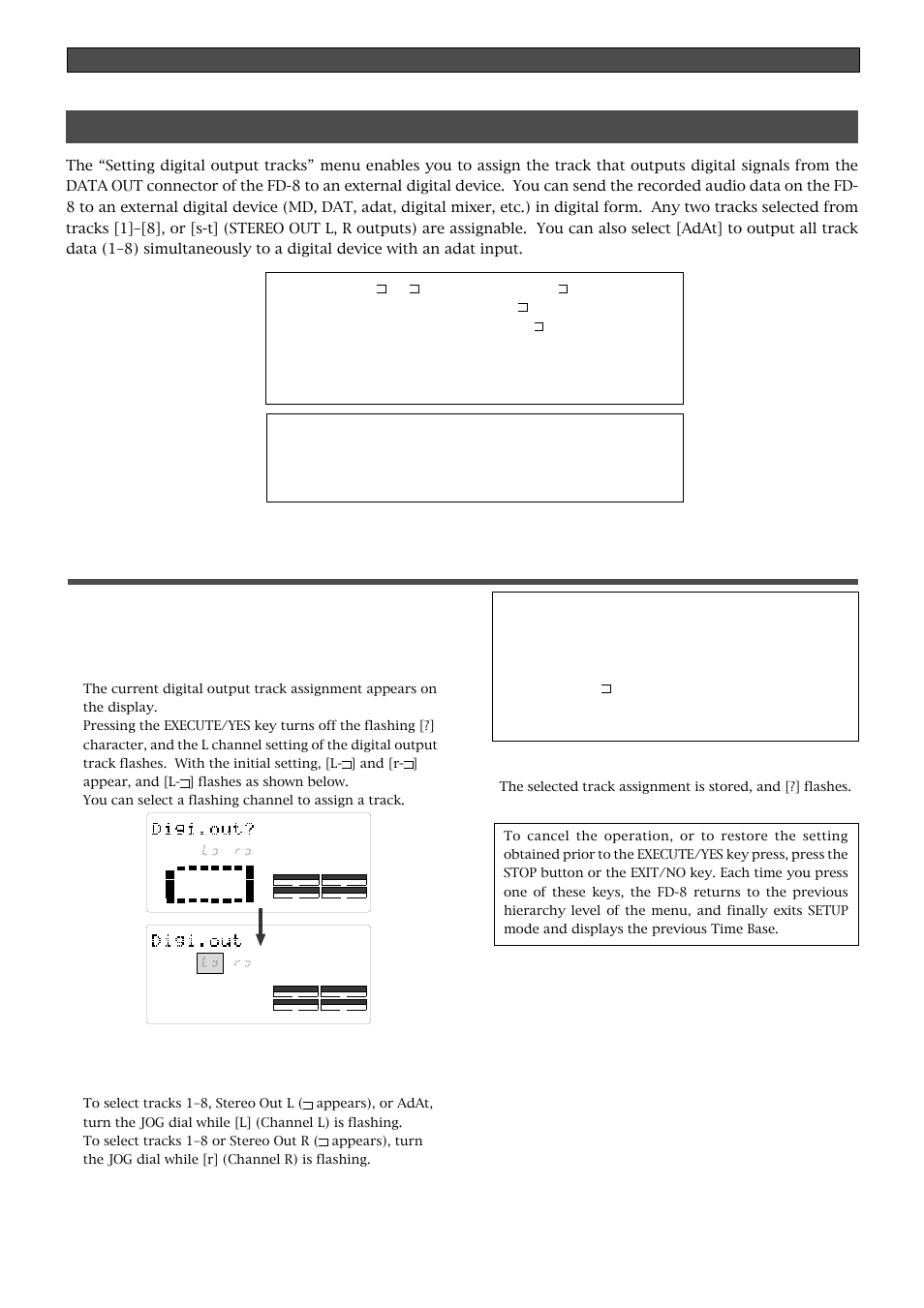 Setting digital output tracks (“digi. out ?” menu), Setting digital output tracks, Changing the initial setting (setup mode) | Important, Press the execute/yes key | Fostex FD-8 User Manual | Page 110 / 121