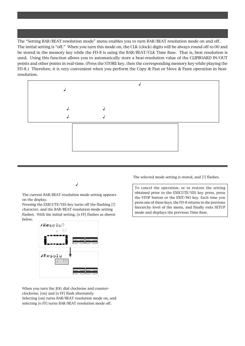 Setting bar/beat resolution mode (“resolu ?” menu), Setting bar/beat resolution mode, Changing the initial setting (setup mode) | Use the jog dial to turn the mode [on] or [off, Press the execute/yes key | Fostex FD-8 User Manual | Page 111 / 121