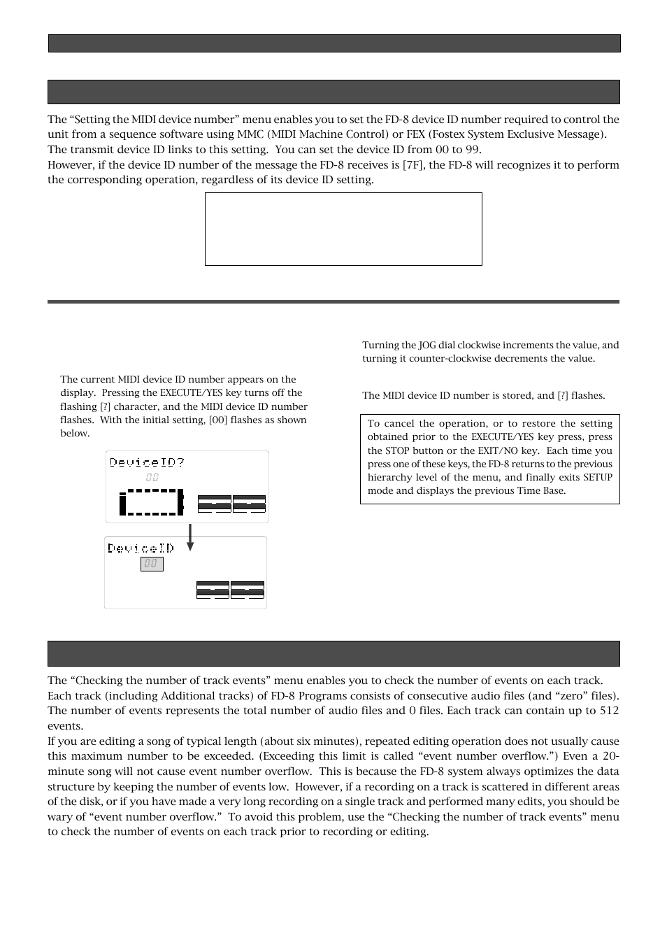 Setting the midi device id, Changing the initial setting (setup mode), Press the execute/yes key | Fostex FD-8 User Manual | Page 112 / 121
