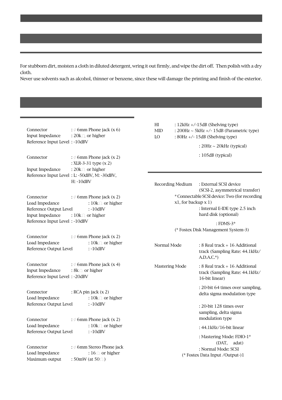 Maintenance specifications, Cleaning the exterior | Fostex FD-8 User Manual | Page 116 / 121