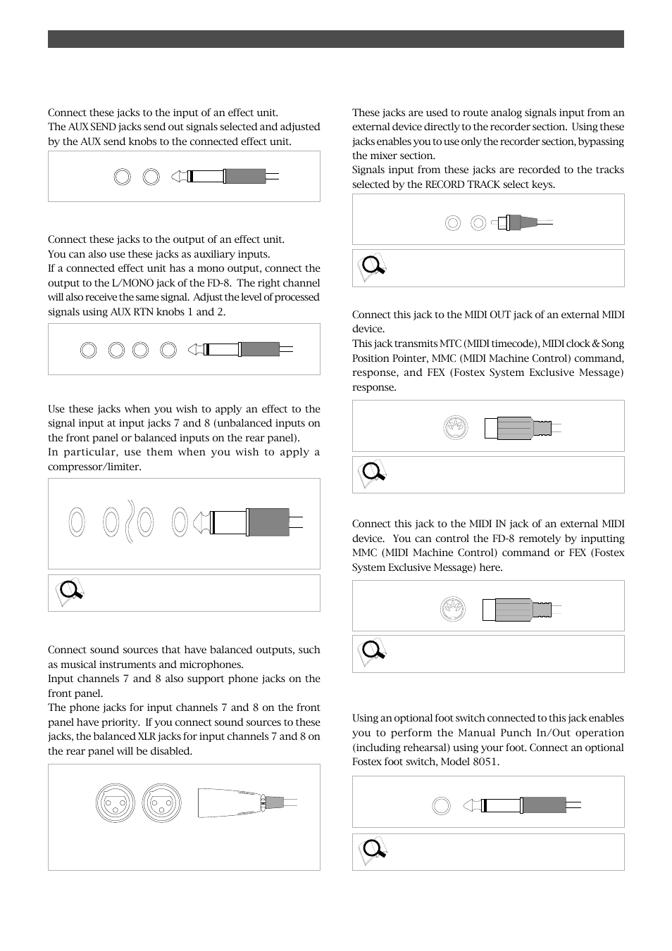 Names and functions, Punch in/out jack [punch in/out, Midi in jack [midi in | Midi out jack [midi out, Recorder in jacks l, r [recorder in l, r, Aux send jacks 1, 2 [aux send 1, 2, Aux return jacks 1, 2 [aux rtn 1, 2, Insert jacks 7, 8 [insert 7, 8, Balanced input connectors 7, 8 [input 7, 8 | Fostex FD-8 User Manual | Page 16 / 121