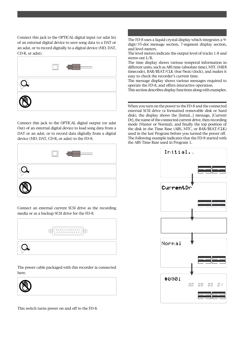 Display when the power is turned on, Names and functions, Data output jack [data out | Data input jack [data in, Scsi connector [scsi, Ac in connector, Power switch [power, Connector: optical), Connector: d-sub 25-pin) | Fostex FD-8 User Manual | Page 17 / 121