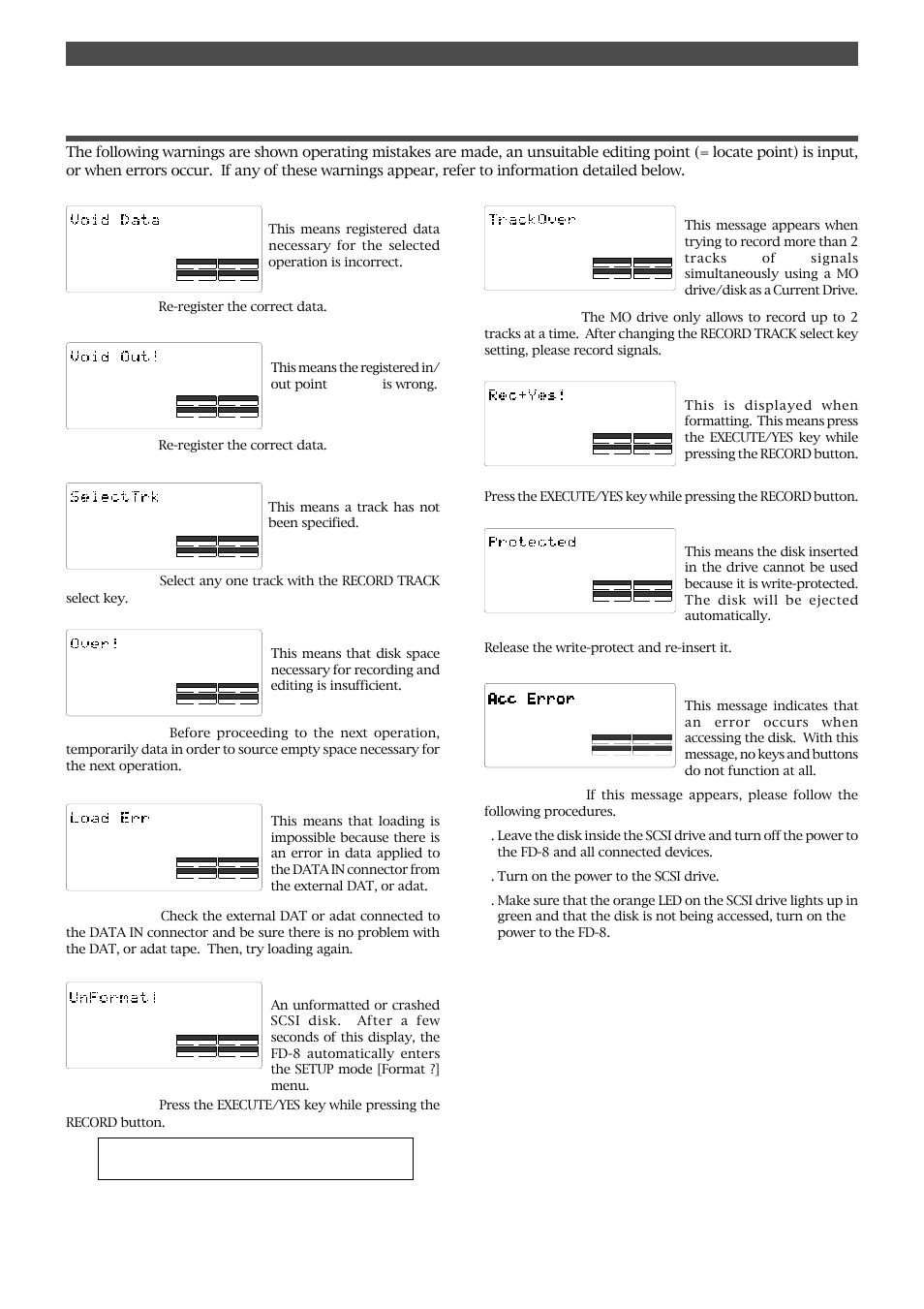 Warning messages, Names and functions, Void out !> message | Select trk> message, Over !> message, Load err > message, Unformat !> message, Protected> message, Rec + yes !> message, Track over> message | Fostex FD-8 User Manual | Page 20 / 121