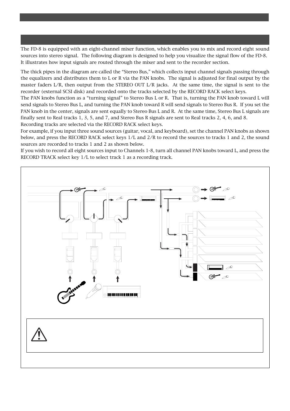 Signal flow (the pan knob function and stereo bus) | Fostex FD-8 User Manual | Page 26 / 121