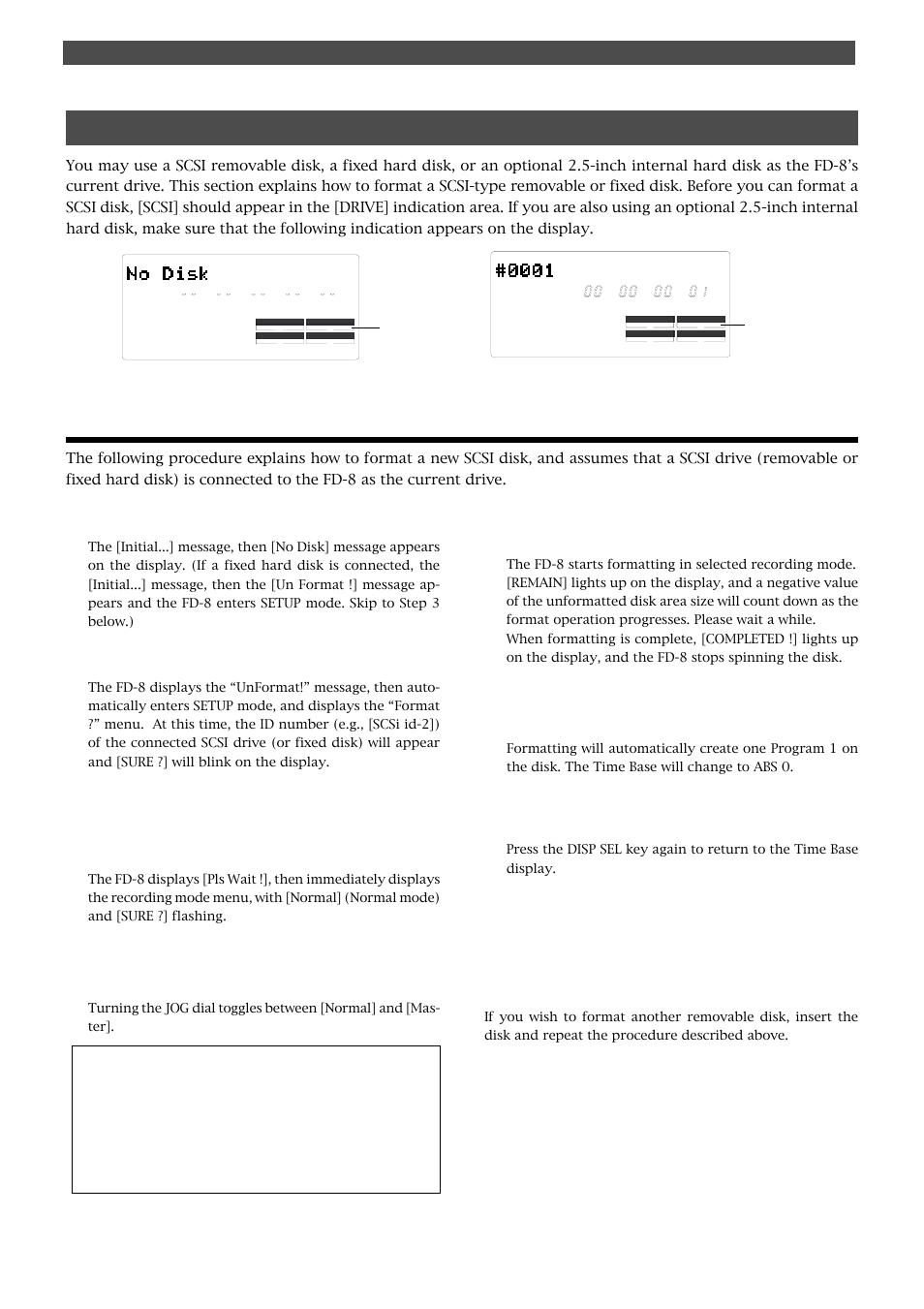 Formatting a current drive disk (scsi disk), Formatting a new disk | Fostex FD-8 User Manual | Page 29 / 121