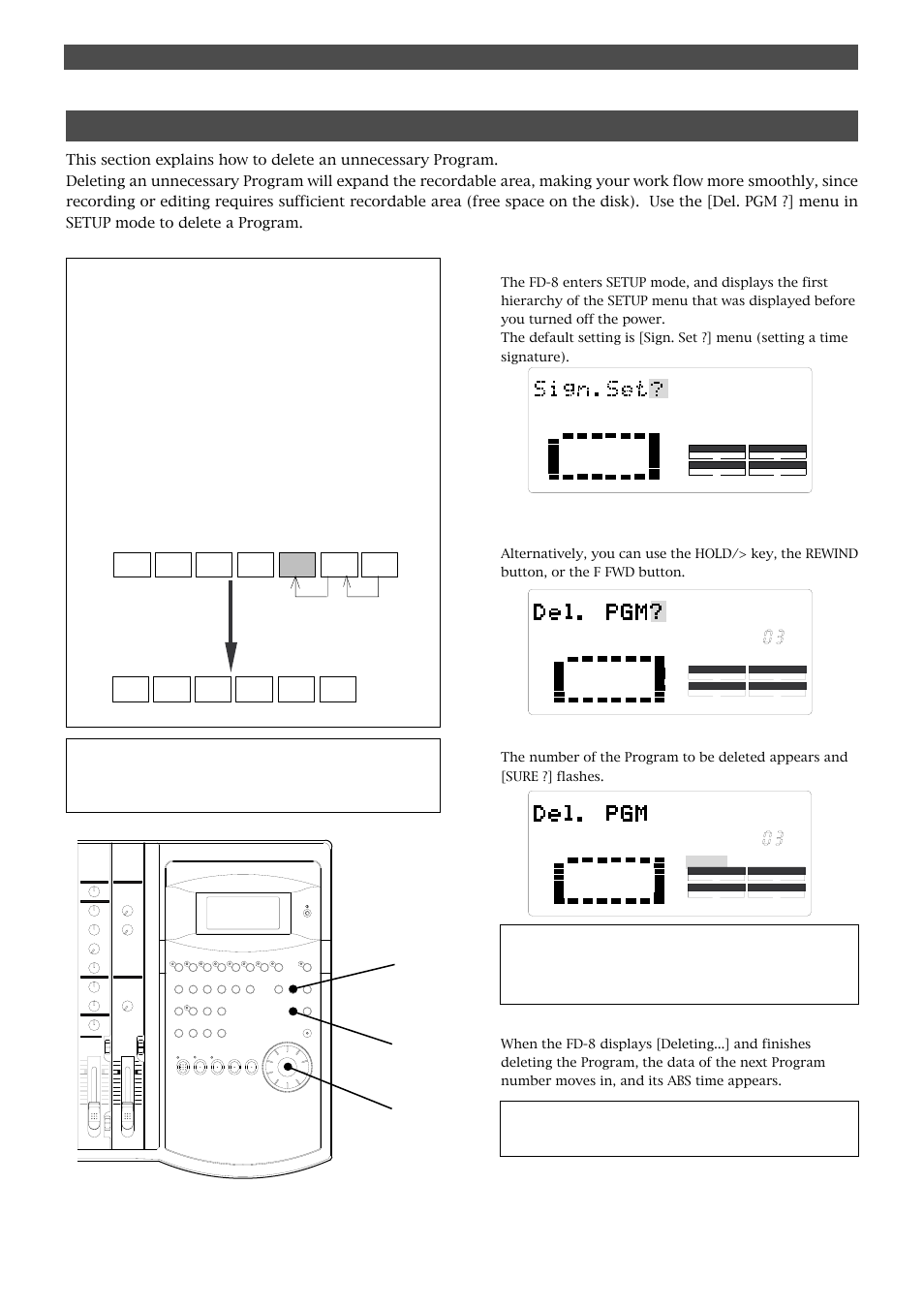 Deleting a program, Handling programs, Press the setup key while the fd-8 is stopped | Press the execute/yes key, Press the execute/yes key again | Fostex FD-8 User Manual | Page 35 / 121