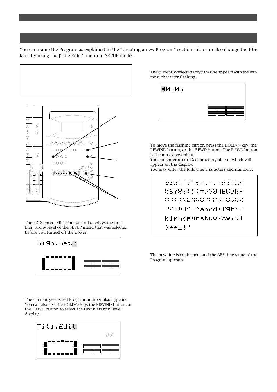 Editing a program title, Handling programs, Press the setup key while the fd-8 is stopped | Press the execute/yes key | Fostex FD-8 User Manual | Page 36 / 121