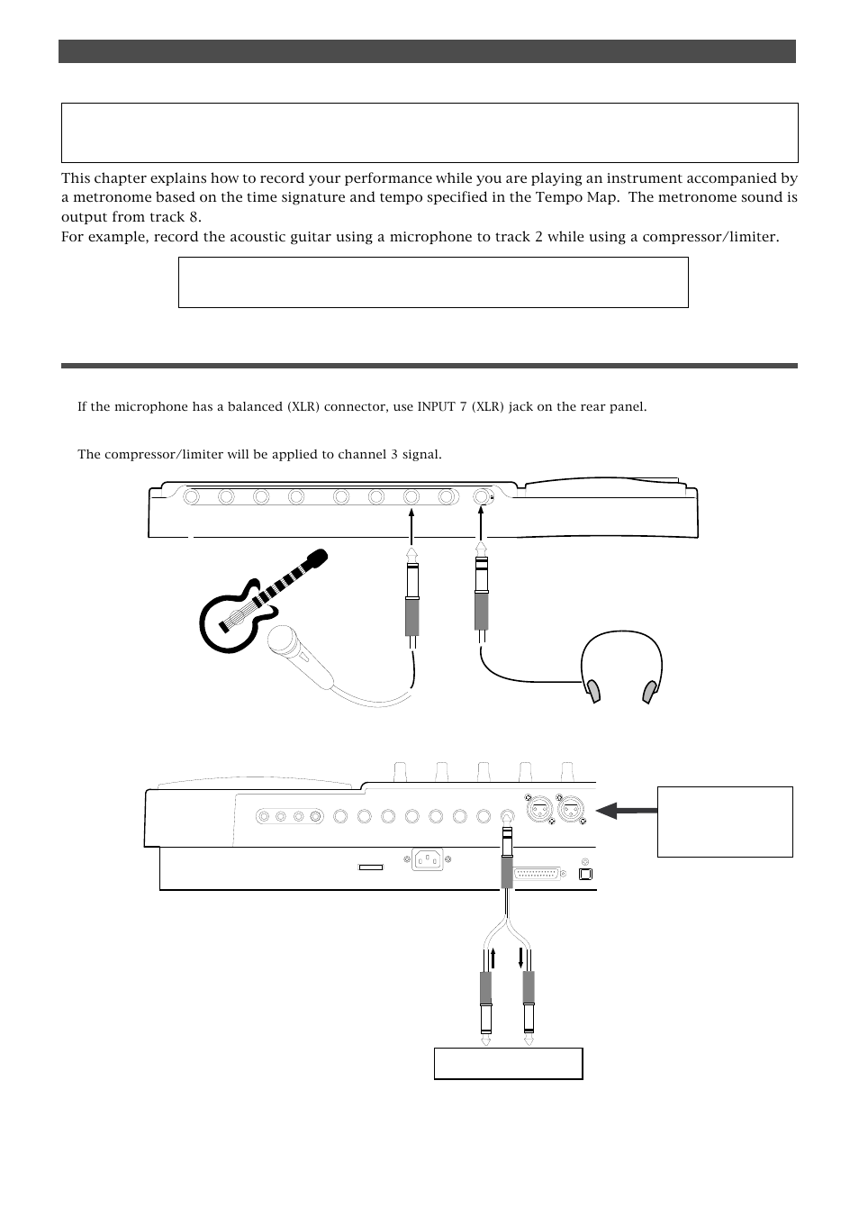 Connecting a sound source and a effect unit, Recording to a metronome sound, Connect a microphone to input jack 7 | Compressor/limiter | Fostex FD-8 User Manual | Page 38 / 121