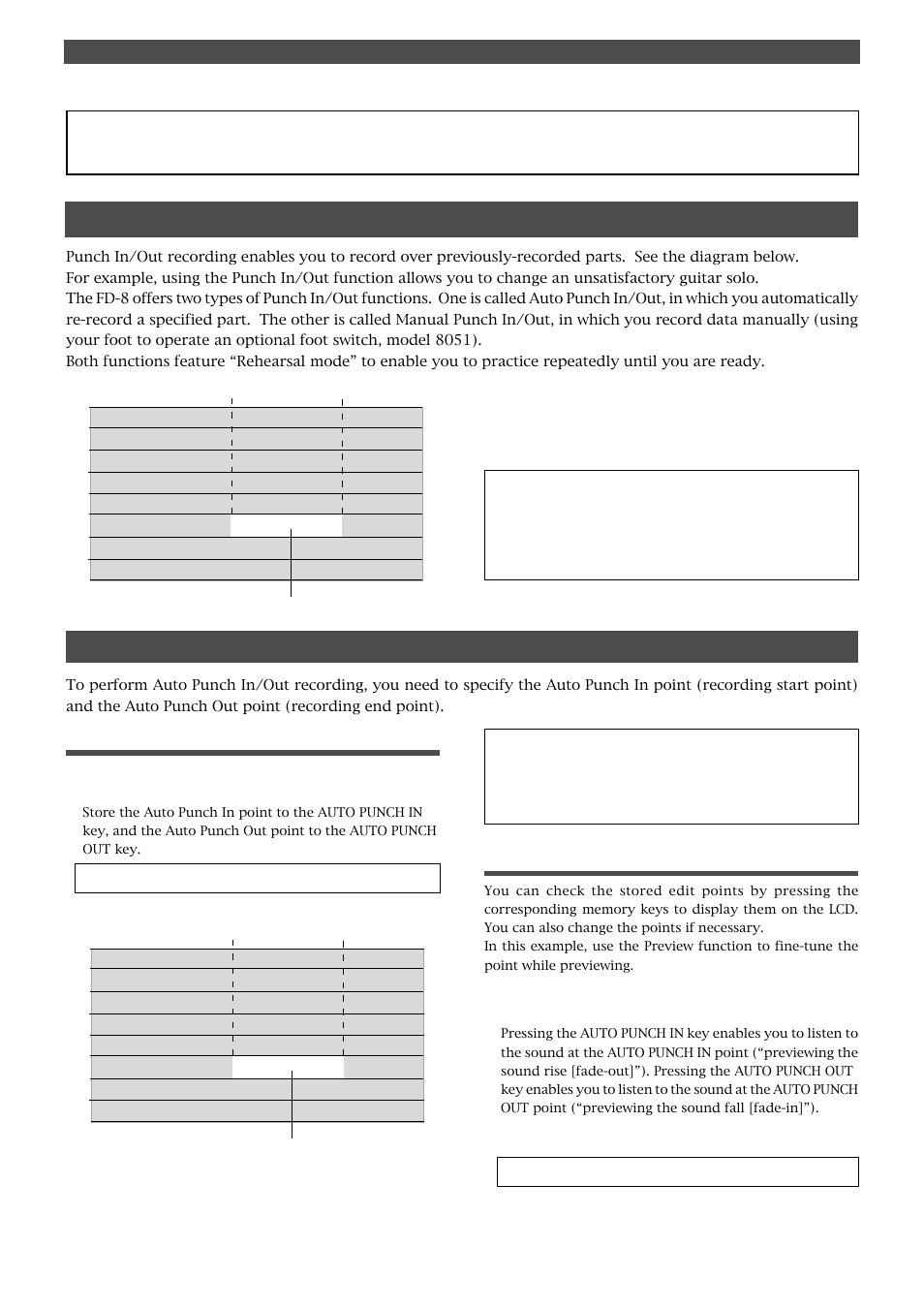 Punch in/out recording, What is punch in/out recording, Auto punch in/out | Storing the edit points, Previewing and trimming the edit points | Fostex FD-8 User Manual | Page 39 / 121