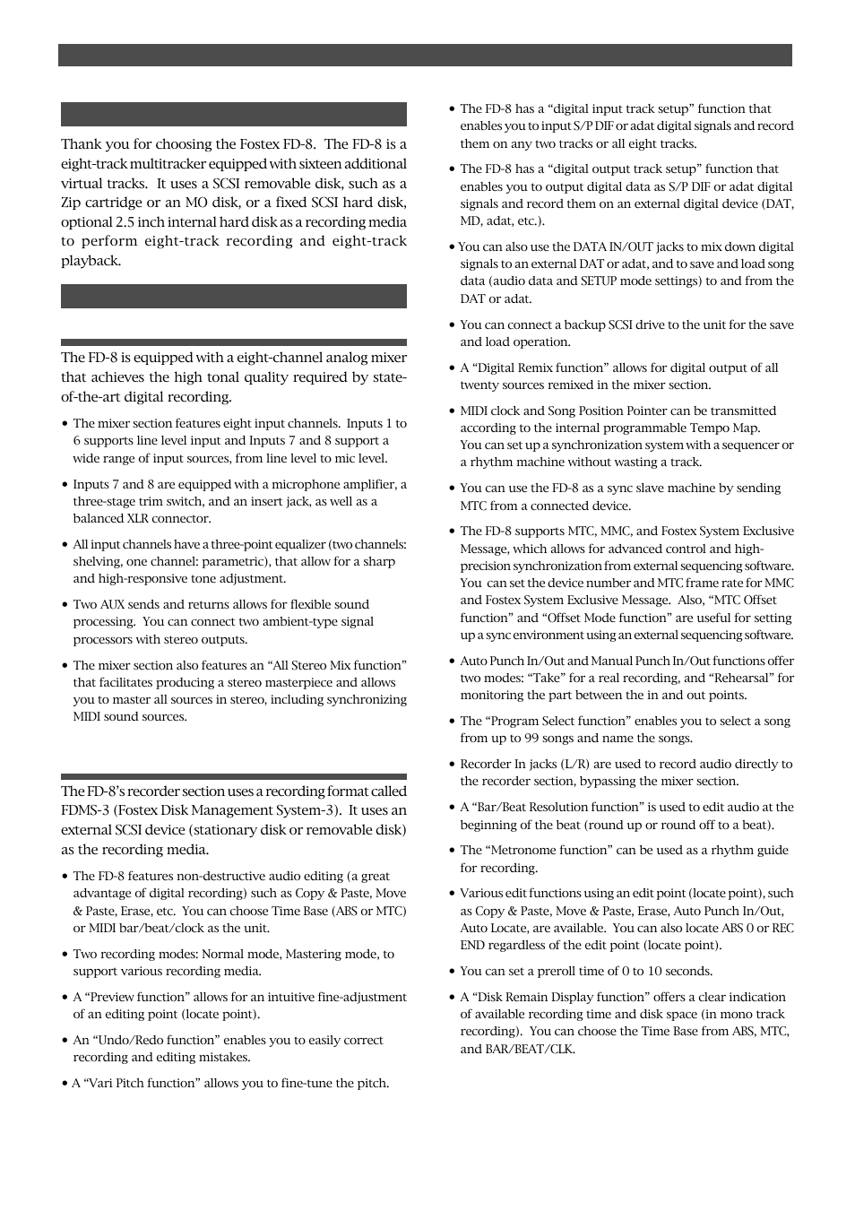 Introduction, Main features | Fostex FD-8 User Manual | Page 4 / 121