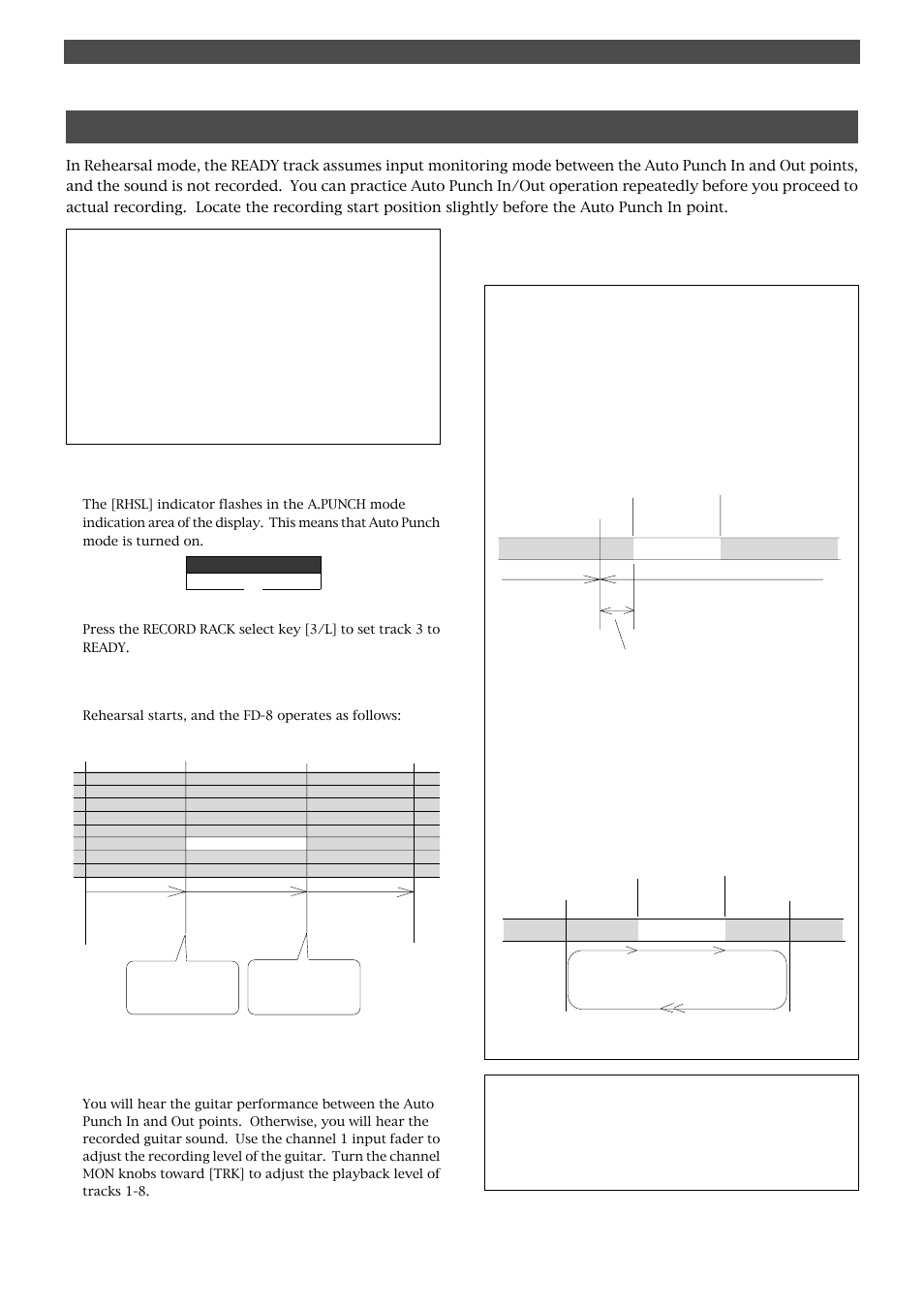 Rehearsing auto punch in/out recording, Tips for rehearsal, Punch in/out recording | Set the track for auto punch in/out to ready | Fostex FD-8 User Manual | Page 41 / 121