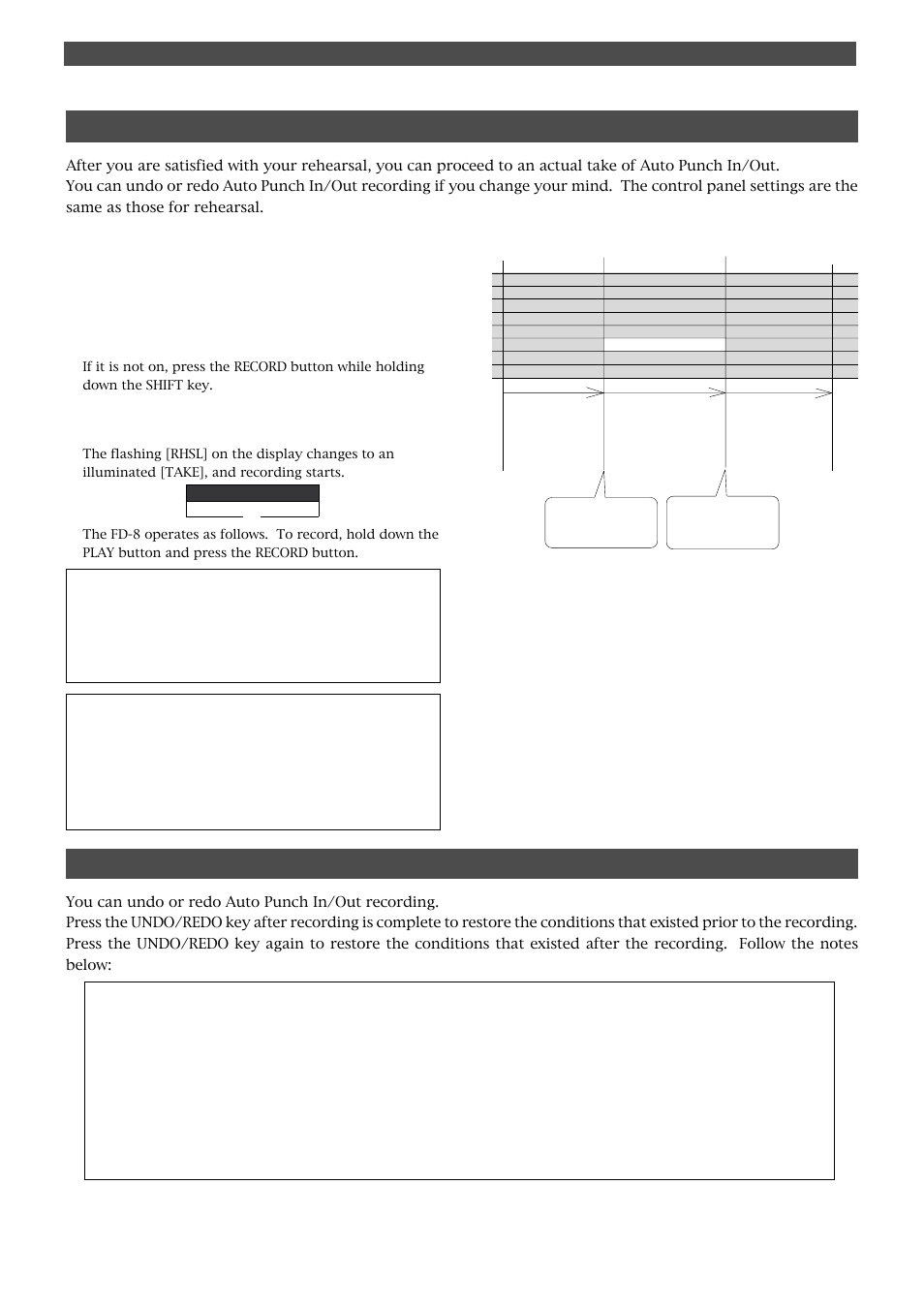 Auto punch in/out take, Undo/redo auto punch in/out recording, Caution after punch out | Fostex FD-8 User Manual | Page 42 / 121