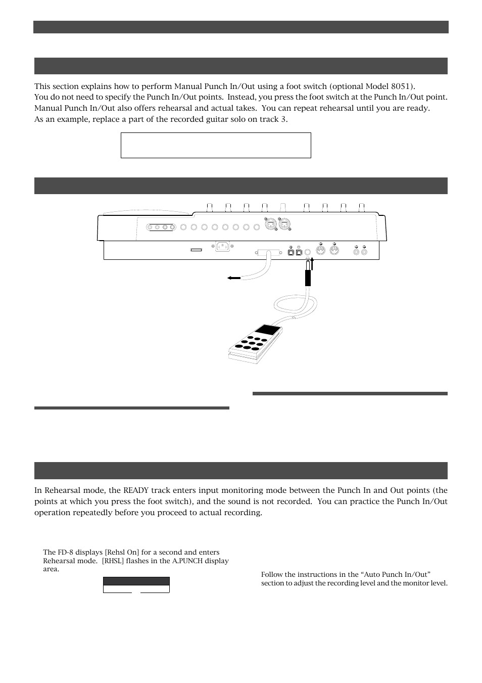 Manual punch in/out, Connecting the instrument and a foot switch, Punch in/out recording | Fostex FD-8 User Manual | Page 43 / 121