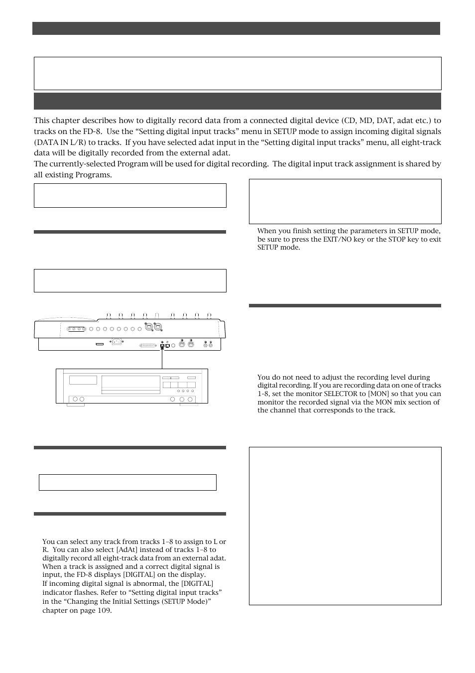 Digital recording, Digital recording from an external digital device, Connecting an external digital device | Selecting a program to record, Setting a recording track, Starting and quitting recording, Caution, Digital recording cd, md, dat, adat etc | Fostex FD-8 User Manual | Page 48 / 121