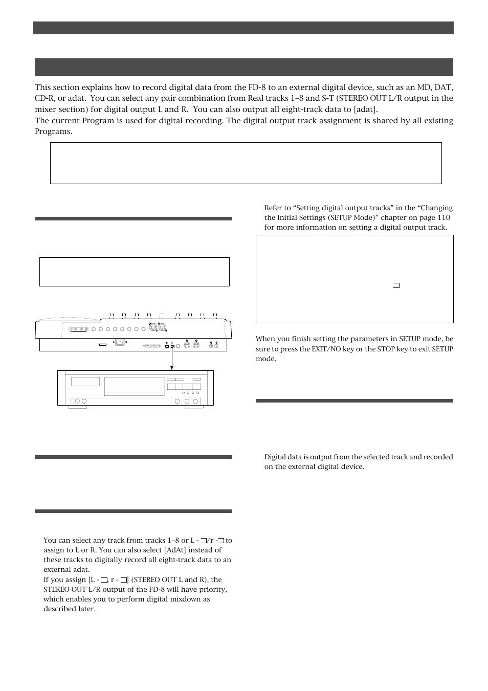 Digital recording to an external device, Connecting an external digital device, Starting and quitting recording | Selecting a program to record, Setting a digital output track, Digital recording, Md, dat, cd-r, adat etc | Fostex FD-8 User Manual | Page 49 / 121