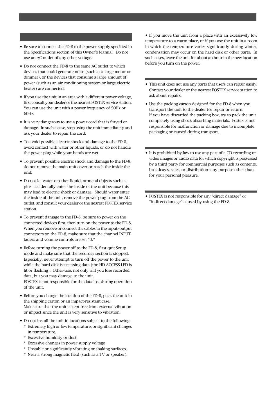 Precautions | Fostex FD-8 User Manual | Page 5 / 121