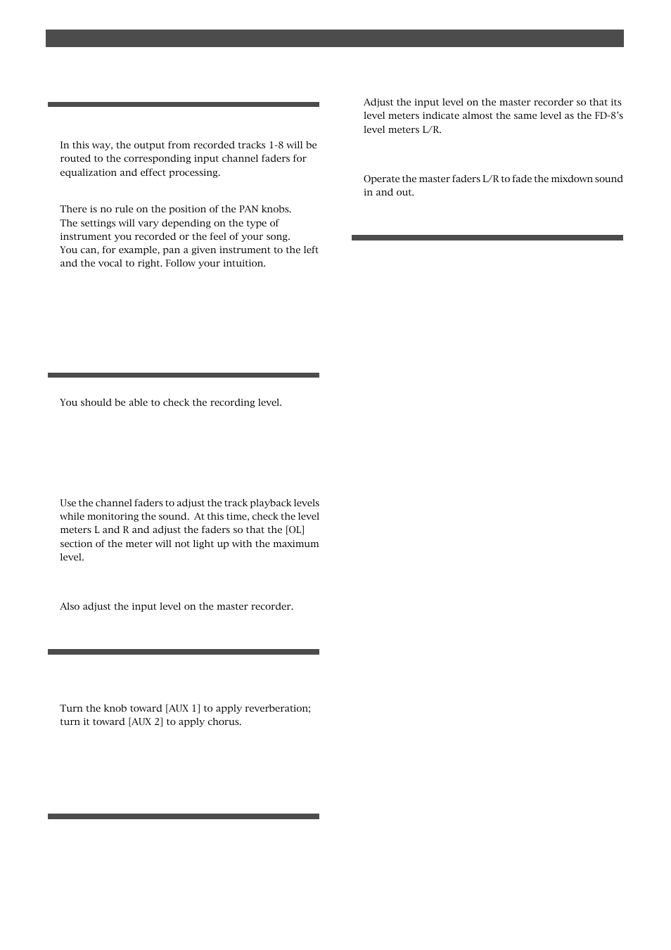 Setting the switch and knob on the fd-8, Setting the output level and the master recorder, Settings for the effect units | Mixdown, Quitting mixdown | Fostex FD-8 User Manual | Page 51 / 121