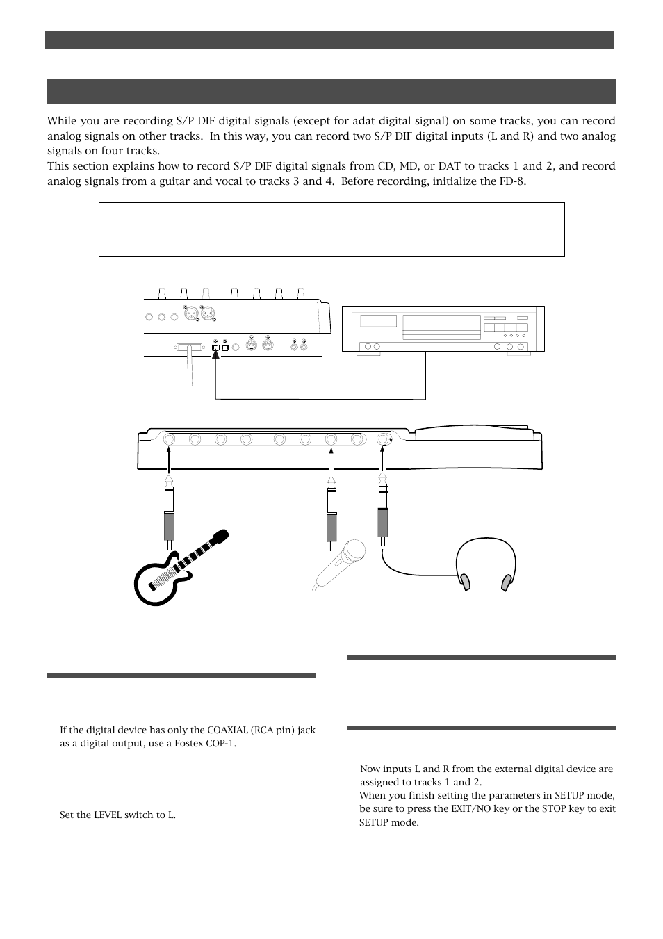 Digital and analog simultaneous recording, Starting the recording program, Setting a recording track | Cd, md, dat etc, Digital recording | Fostex FD-8 User Manual | Page 52 / 121