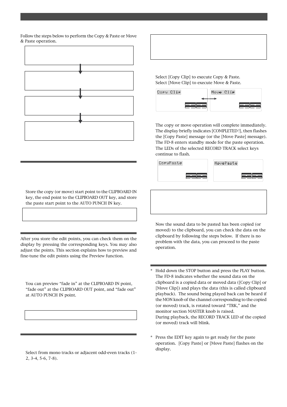 Storing the edit points, Checking and adjusting the edit points, Executing copy (or move) | Checking the clipboard data, Editing tracks, Trim the edit point while previewing, Press the execute/yes key | Fostex FD-8 User Manual | Page 57 / 121